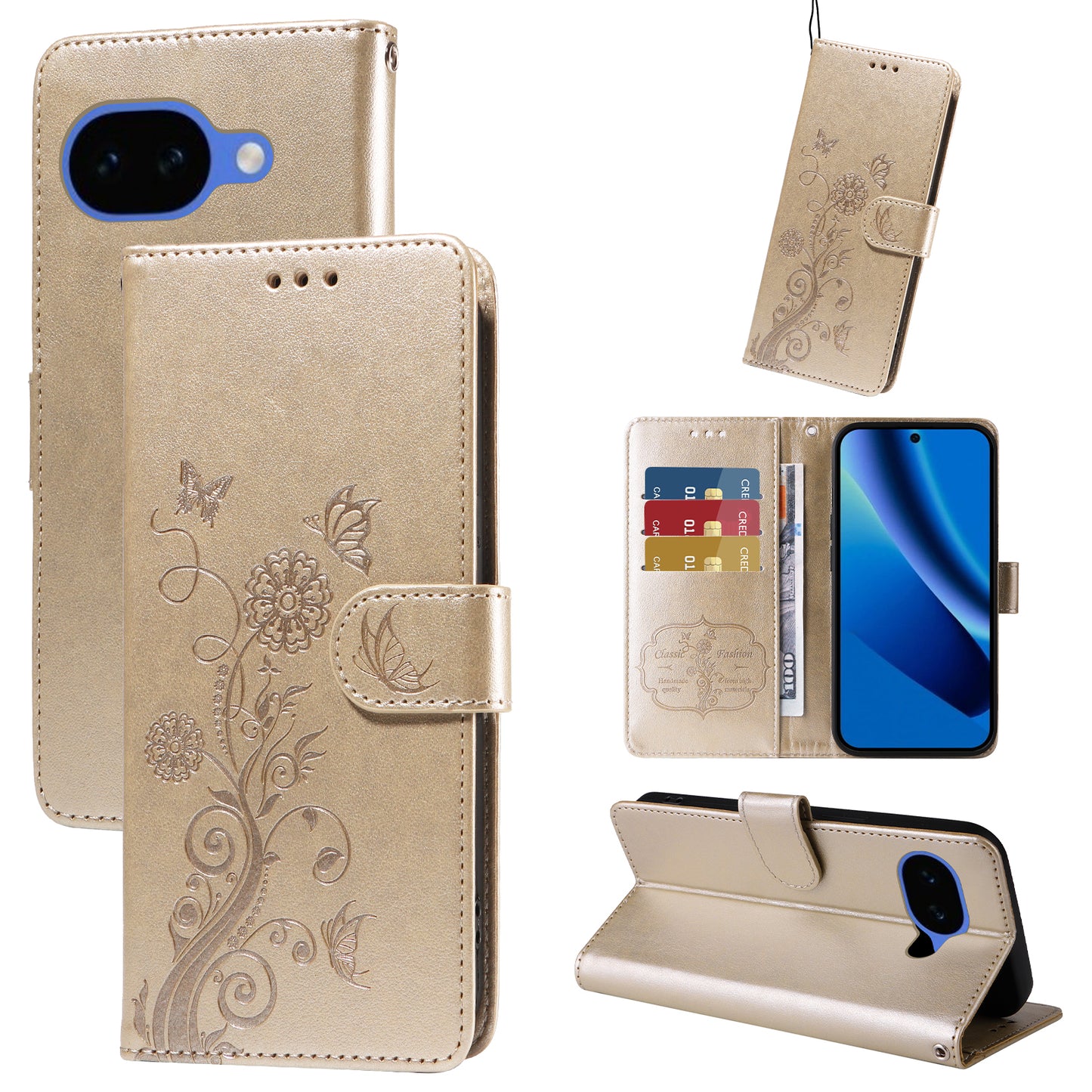 For Google Pixel 10a Leather Case Butterfly Floral Imprint Wallet Stand Cover