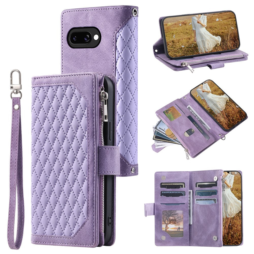 For Google Pixel 10a Wallet Case Rhombus Stitching Line PU Leather Phone Cover with Wrist Strap