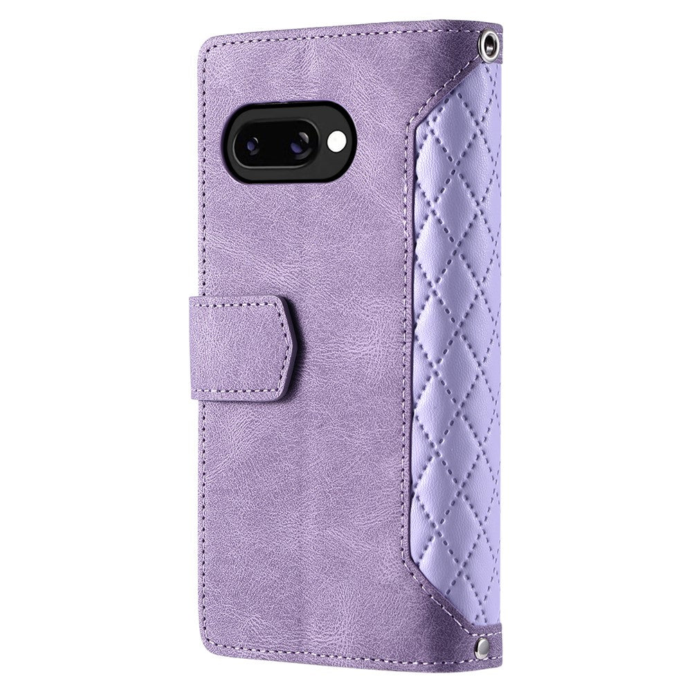 For Google Pixel 10a Wallet Case Rhombus Stitching Line PU Leather Phone Cover with Wrist Strap