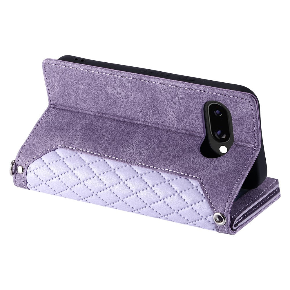 For Google Pixel 10a Wallet Case Rhombus Stitching Line PU Leather Phone Cover with Wrist Strap