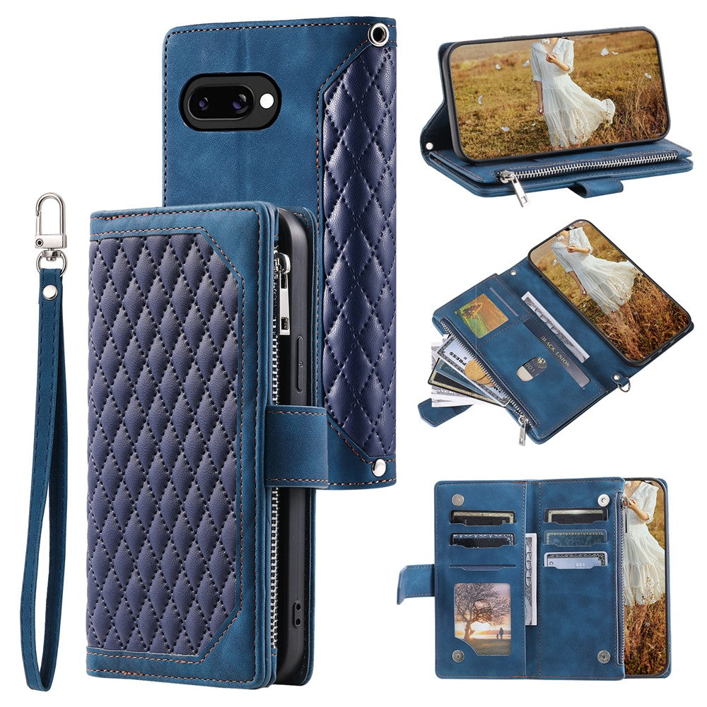For Google Pixel 10a Wallet Case Rhombus Stitching Line PU Leather Phone Cover with Wrist Strap