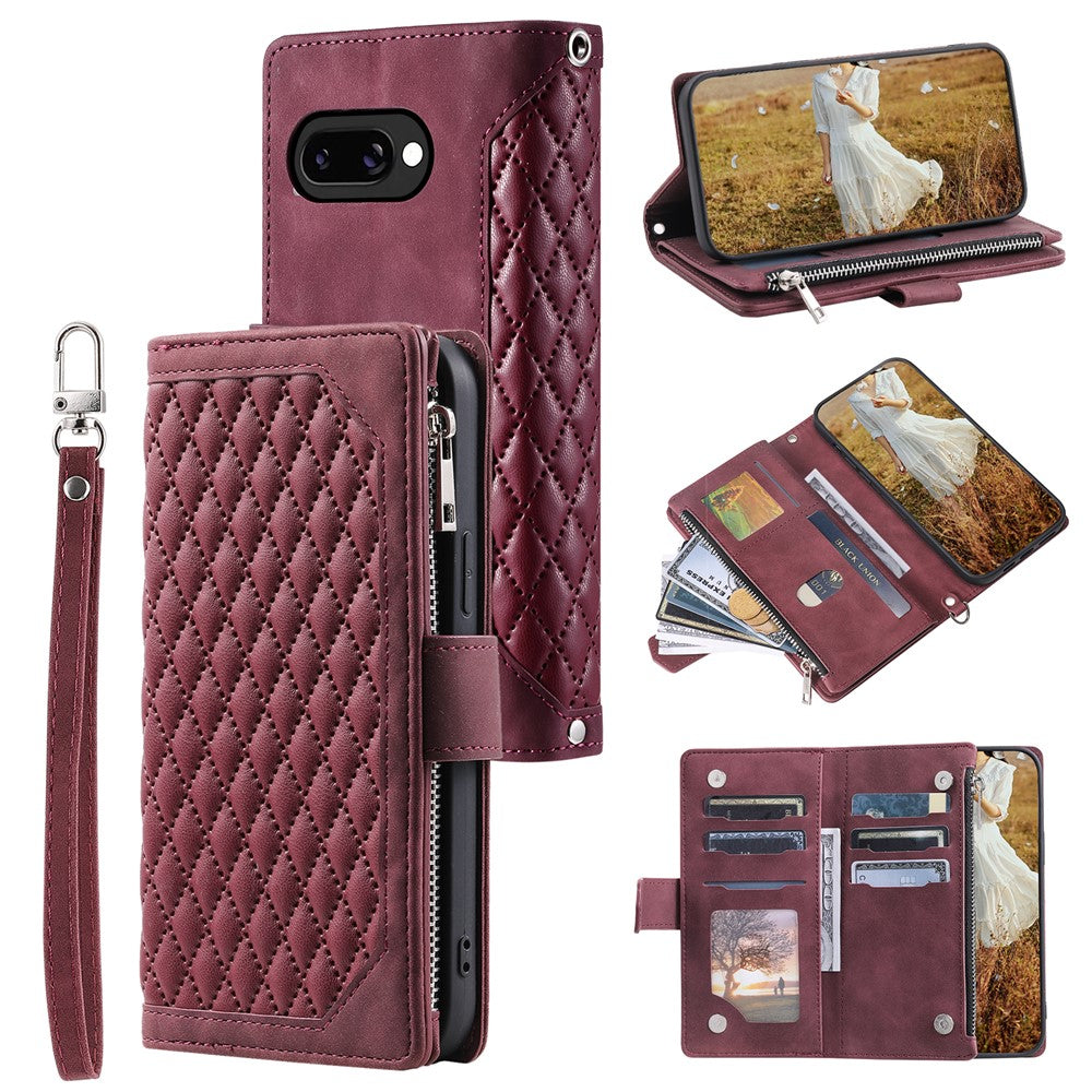 For Google Pixel 10a Wallet Case Rhombus Stitching Line PU Leather Phone Cover with Wrist Strap