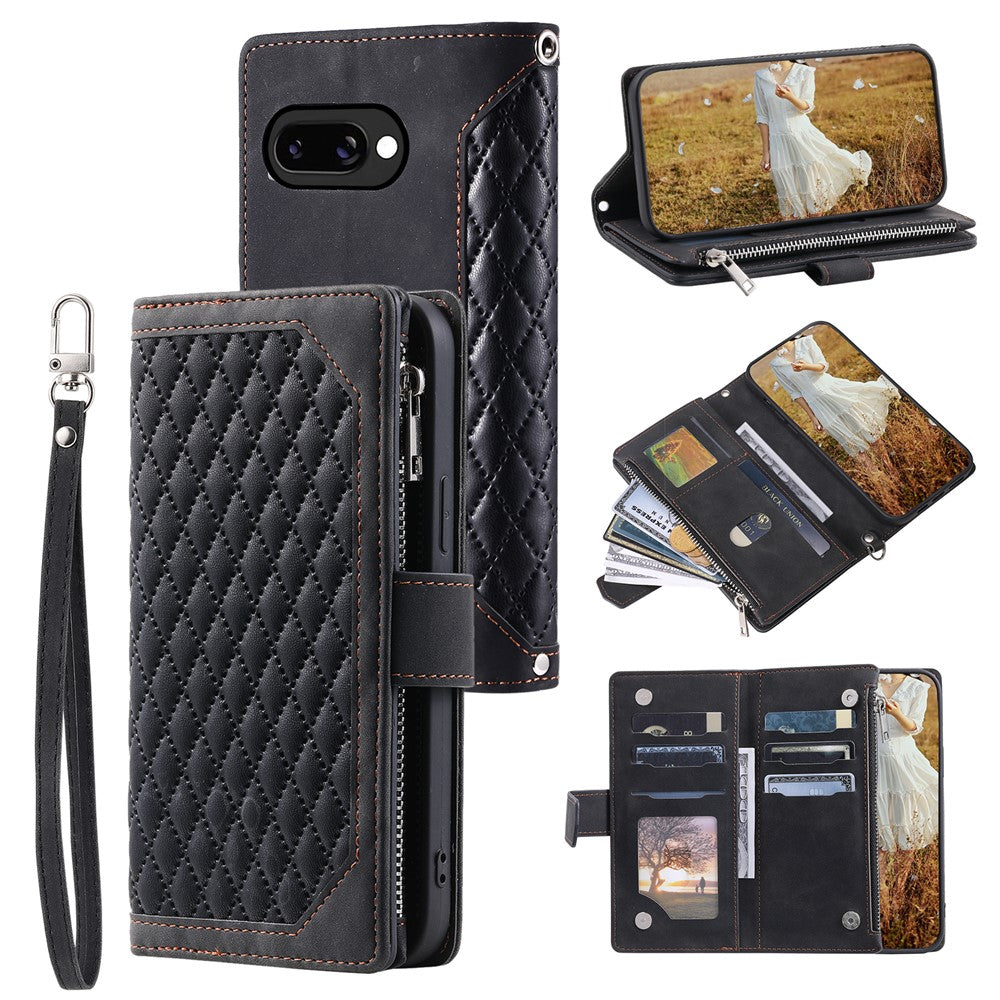 For Google Pixel 10a Wallet Case Rhombus Stitching Line PU Leather Phone Cover with Wrist Strap