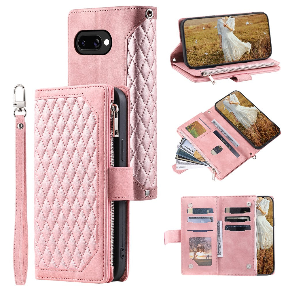 For Google Pixel 10a Wallet Case Rhombus Stitching Line PU Leather Phone Cover with Wrist Strap