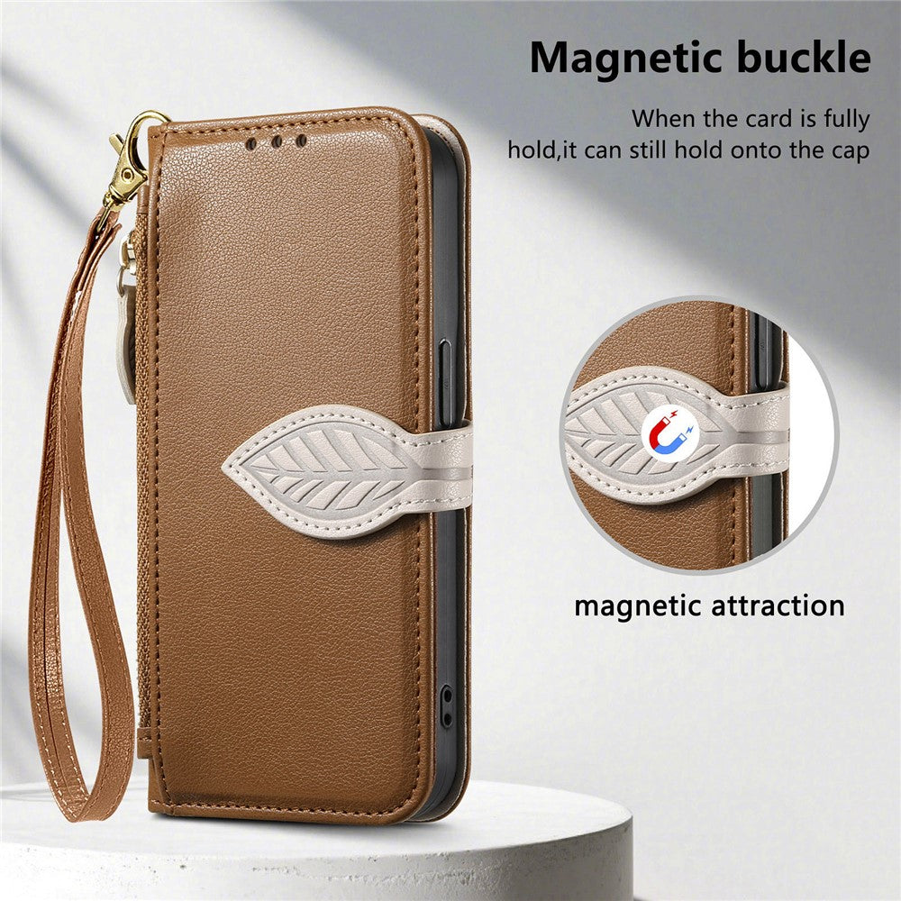 For Honor Magic8 Pro 5G Stand Case Leaf Shape Magnetic Clasp Leather Phone Cover with Hand Strap