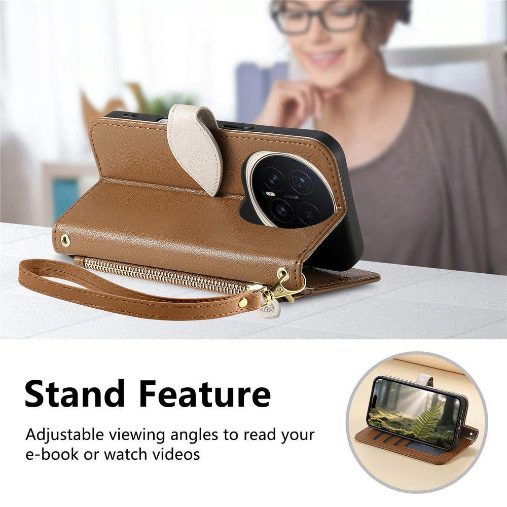 For Honor Magic8 Pro 5G Stand Case Leaf Shape Magnetic Clasp Leather Phone Cover with Hand Strap