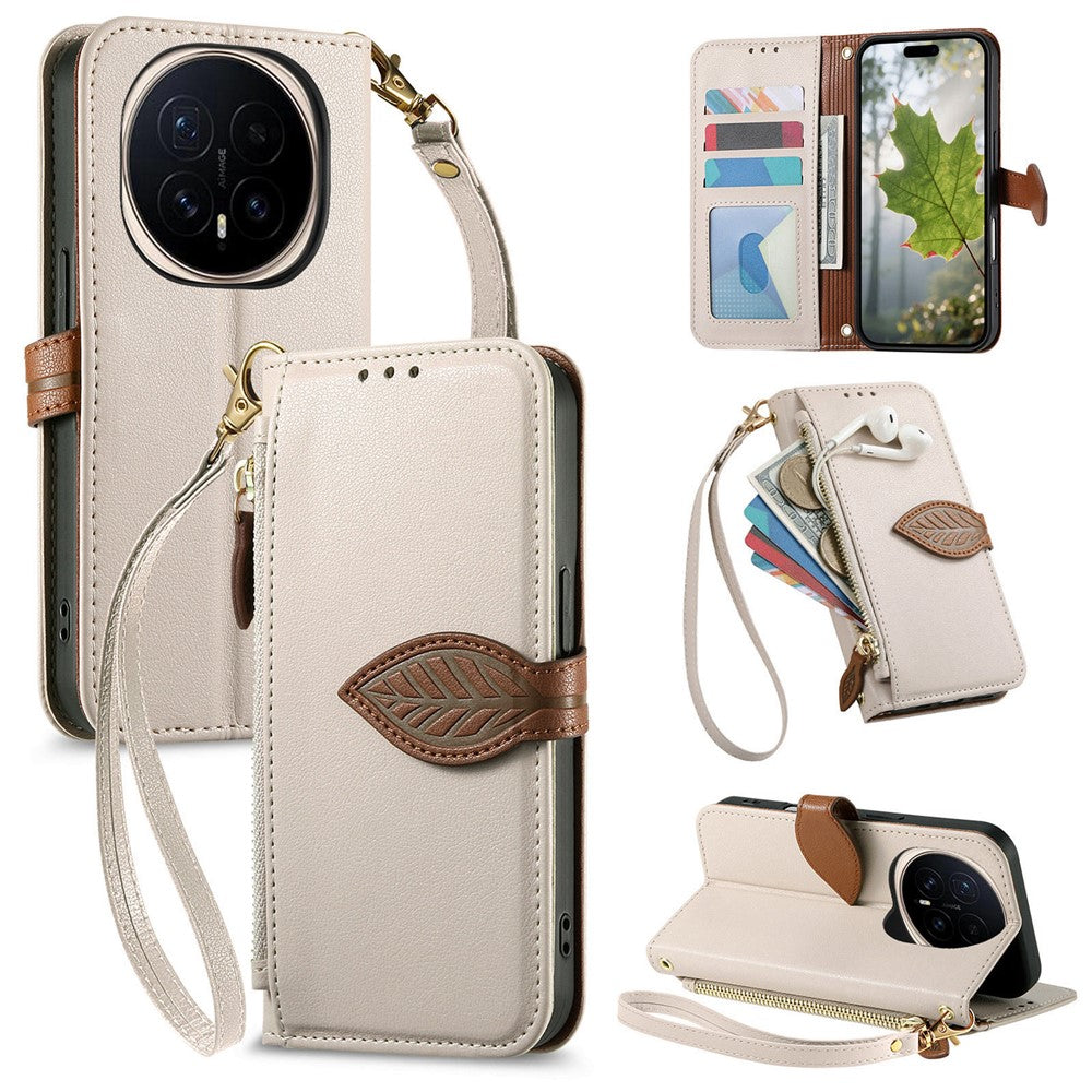 For Honor Magic8 Pro 5G Stand Case Leaf Shape Magnetic Clasp Leather Phone Cover with Hand Strap