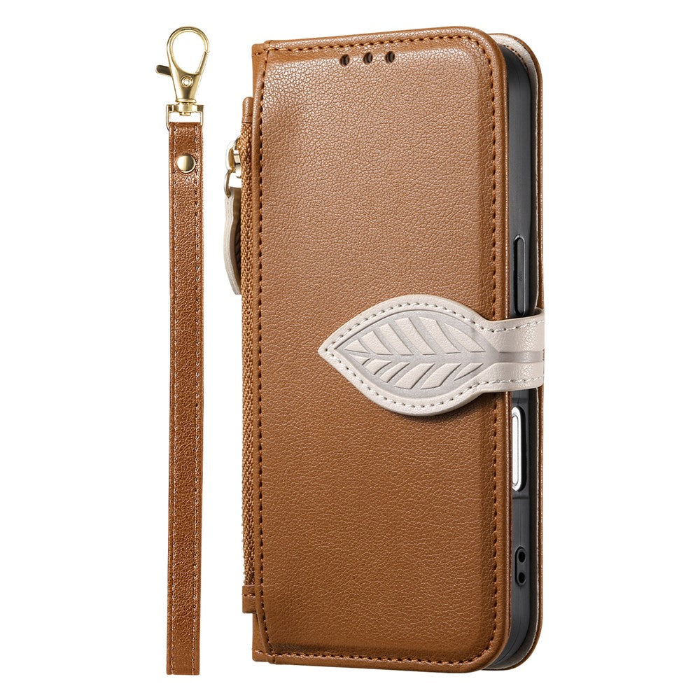 For Honor 400 5G (Global) Stand Case Leaf Shape Magnetic Clasp Leather Phone Cover with Hand Strap
