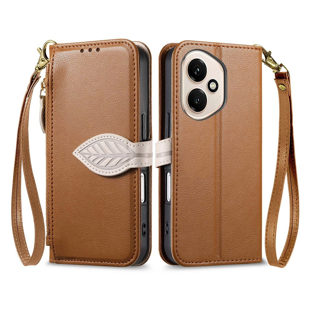 For Honor 400 5G (Global) Stand Case Leaf Shape Magnetic Clasp Leather Phone Cover with Hand Strap