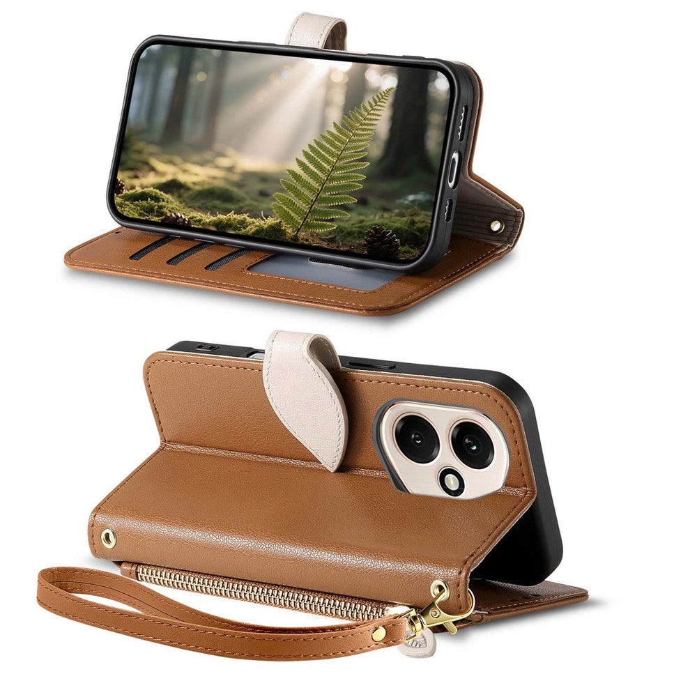 For Honor 400 5G (Global) Stand Case Leaf Shape Magnetic Clasp Leather Phone Cover with Hand Strap