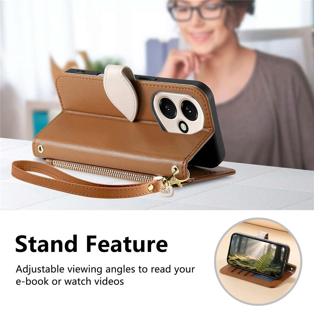 For Honor 400 5G (Global) Stand Case Leaf Shape Magnetic Clasp Leather Phone Cover with Hand Strap