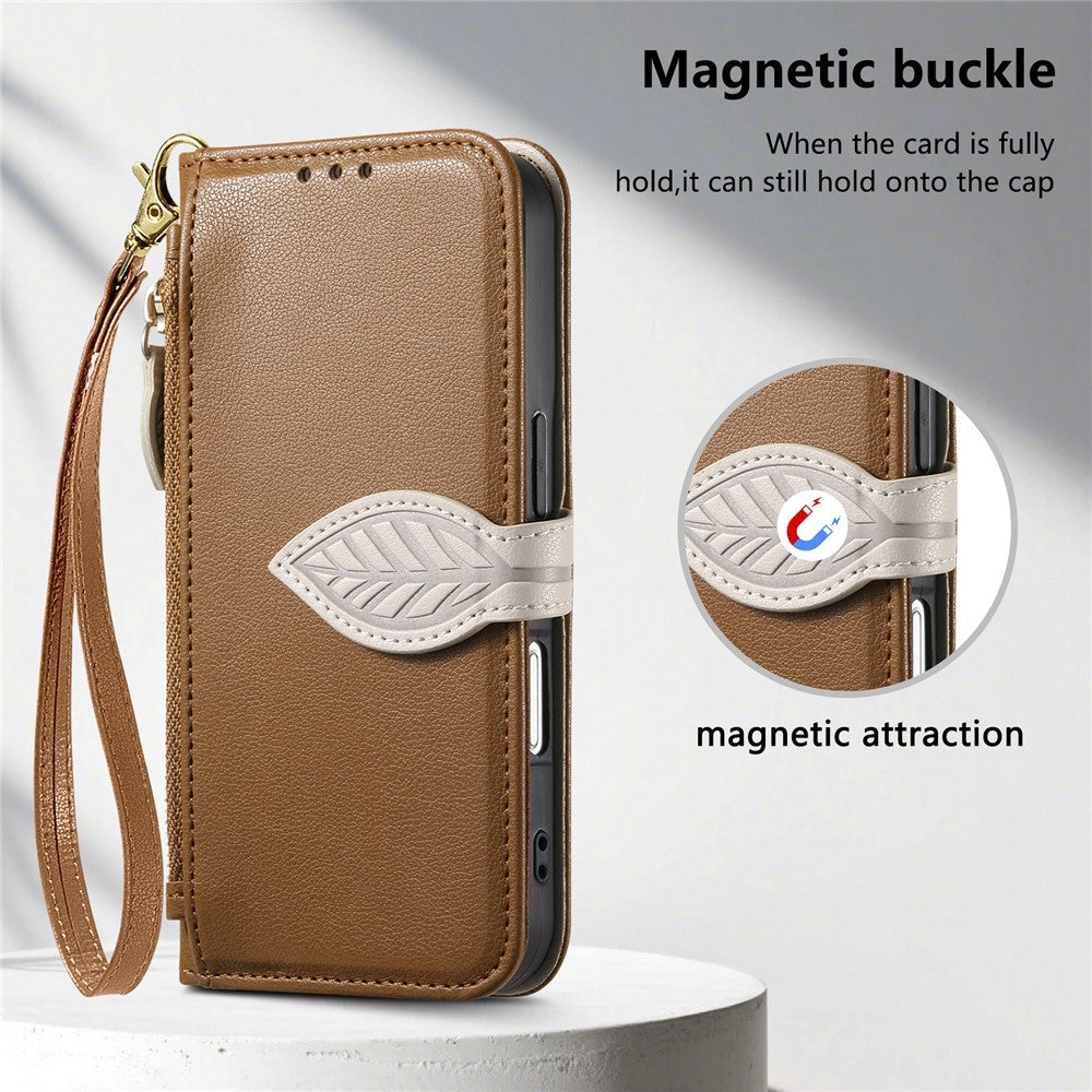 For Honor 400 5G (Global) Stand Case Leaf Shape Magnetic Clasp Leather Phone Cover with Hand Strap