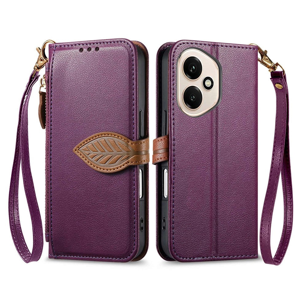 For Honor 400 5G (Global) Stand Case Leaf Shape Magnetic Clasp Leather Phone Cover with Hand Strap