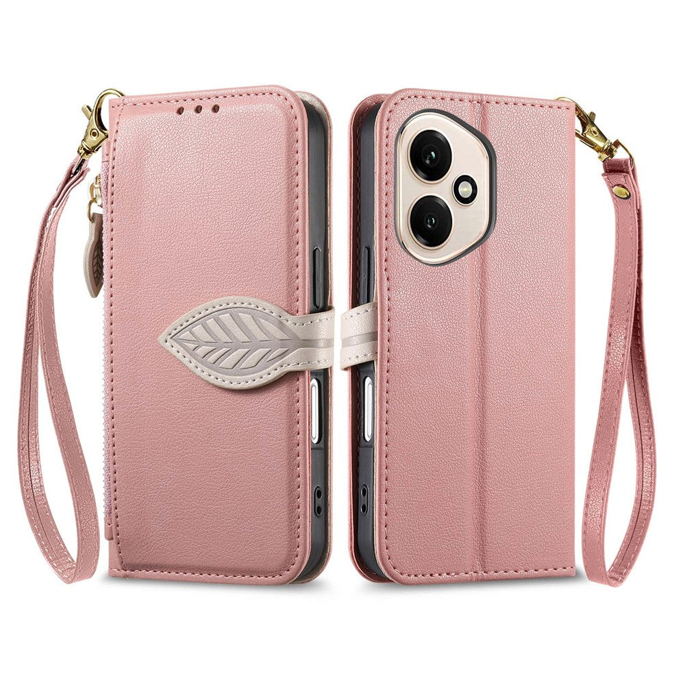 For Honor 400 5G (Global) Stand Case Leaf Shape Magnetic Clasp Leather Phone Cover with Hand Strap