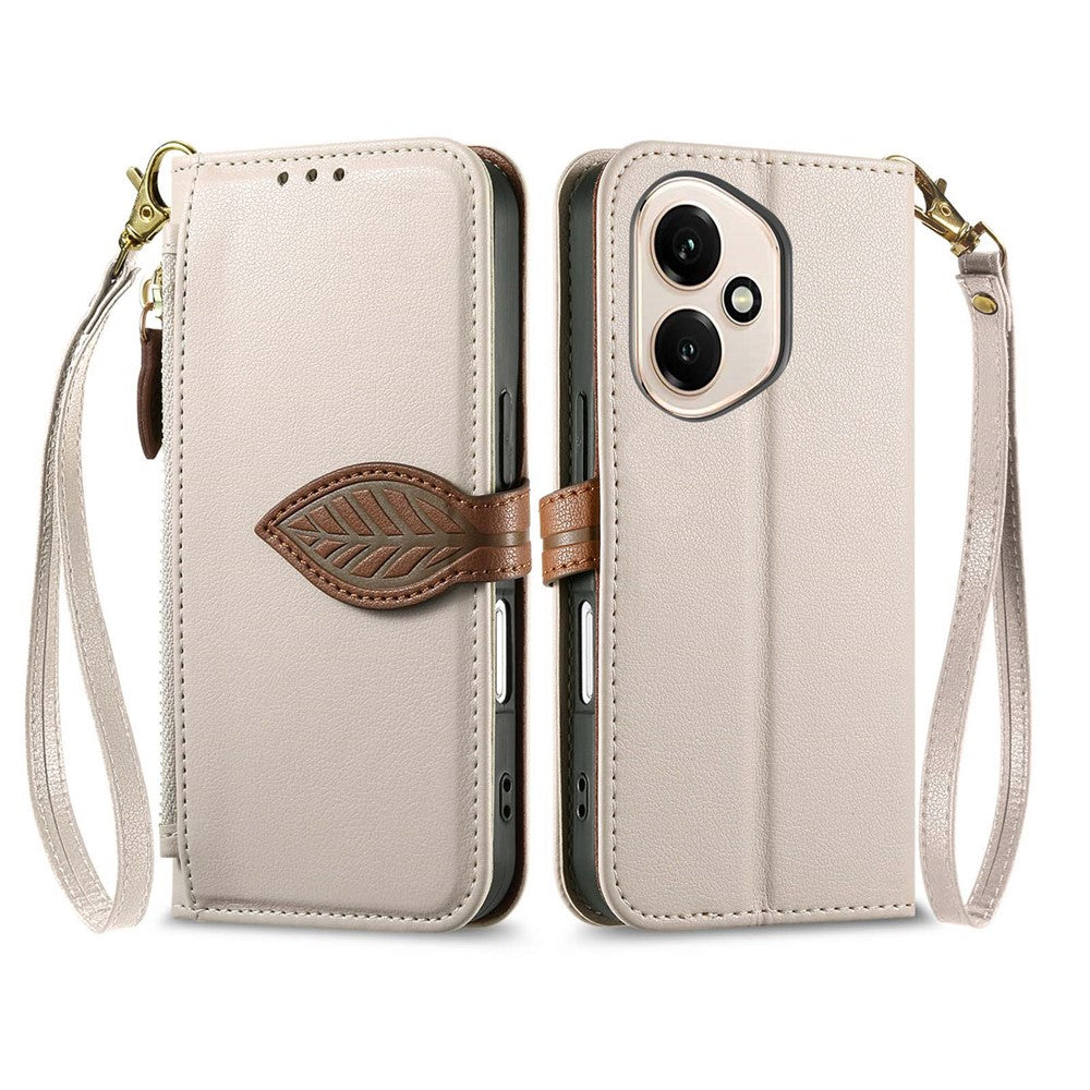 For Honor 400 5G (Global) Stand Case Leaf Shape Magnetic Clasp Leather Phone Cover with Hand Strap