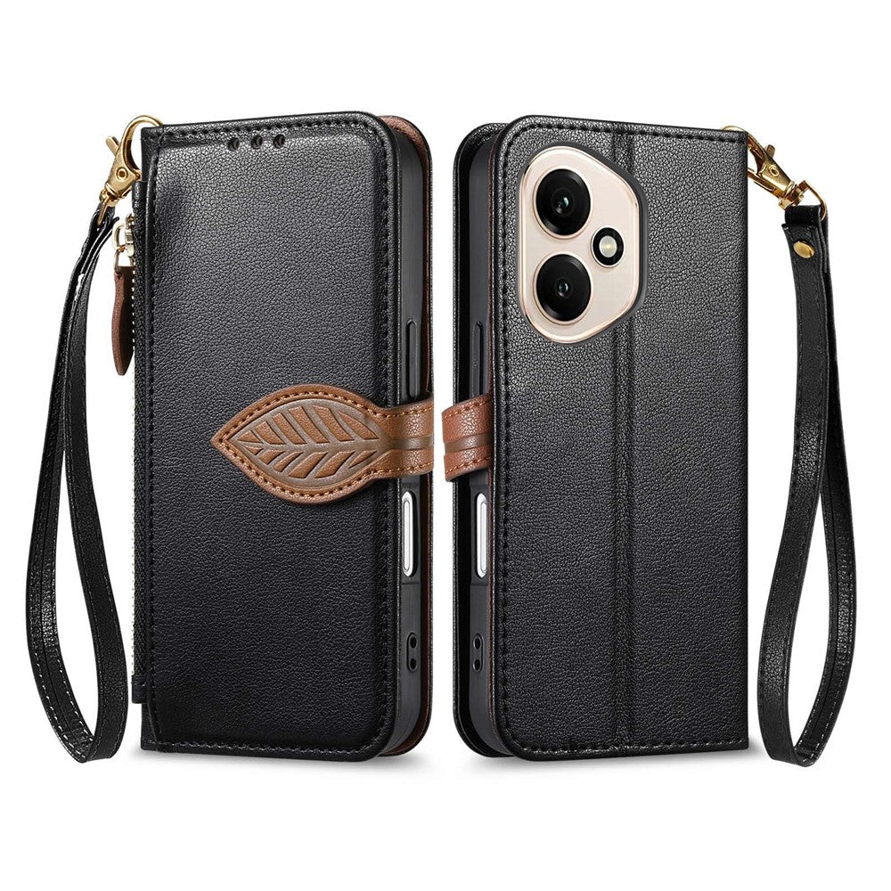 For Honor 400 5G (Global) Stand Case Leaf Shape Magnetic Clasp Leather Phone Cover with Hand Strap