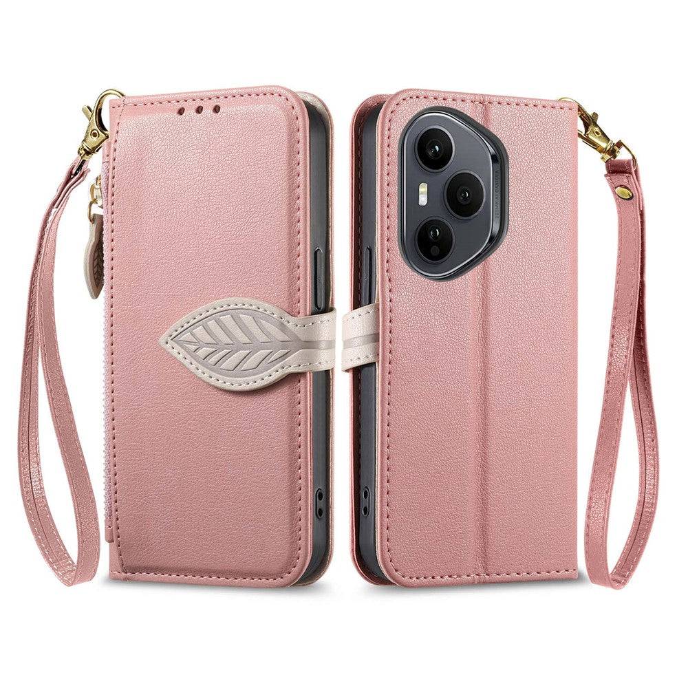 For Honor 400 Pro 5G (Global) Stand Case Leaf Shape Magnetic Clasp Leather Phone Cover with Hand Strap