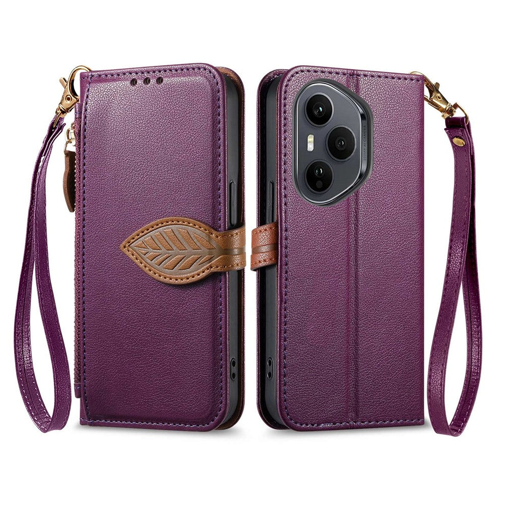 For Honor 400 Pro 5G (Global) Stand Case Leaf Shape Magnetic Clasp Leather Phone Cover with Hand Strap