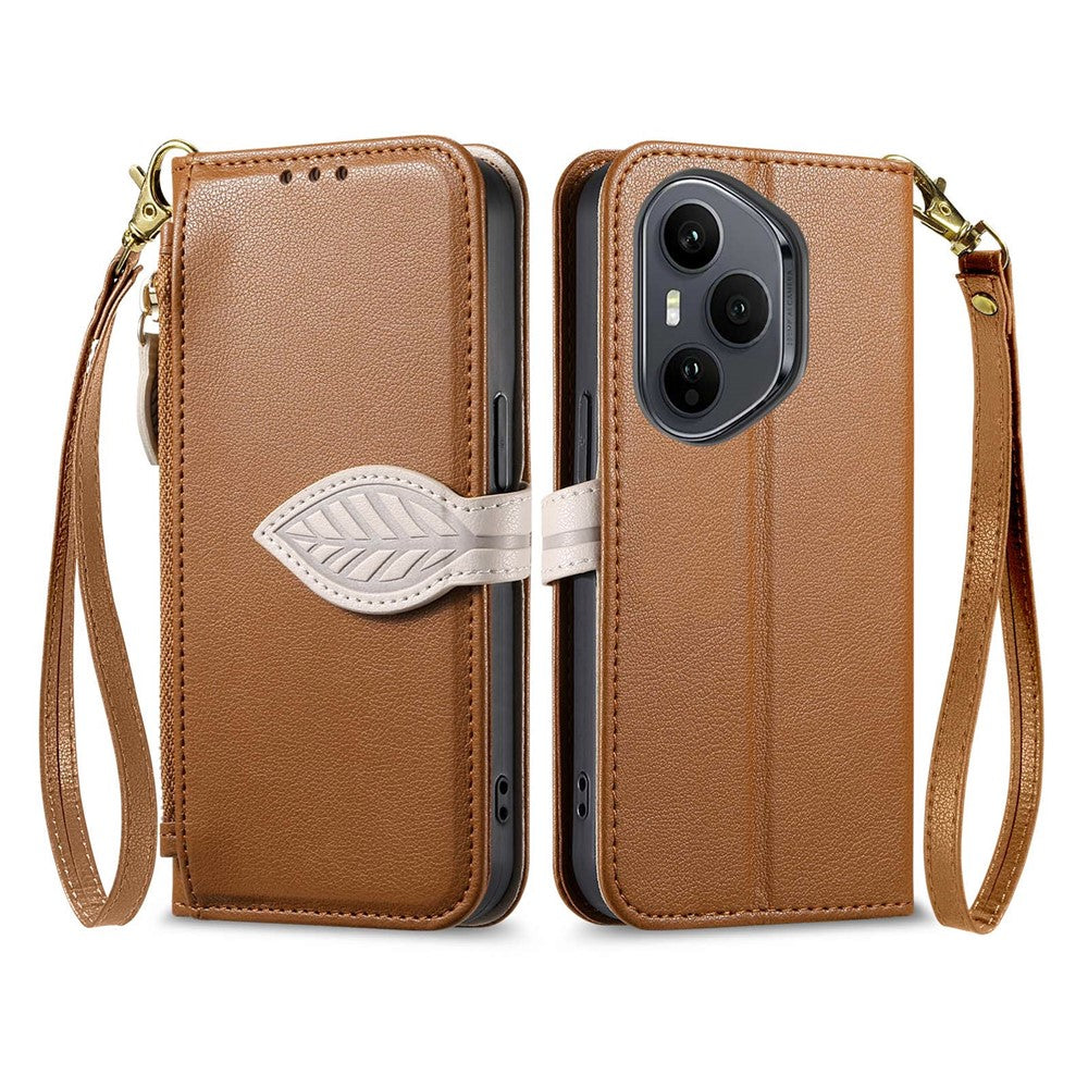 For Honor 400 Pro 5G (Global) Stand Case Leaf Shape Magnetic Clasp Leather Phone Cover with Hand Strap