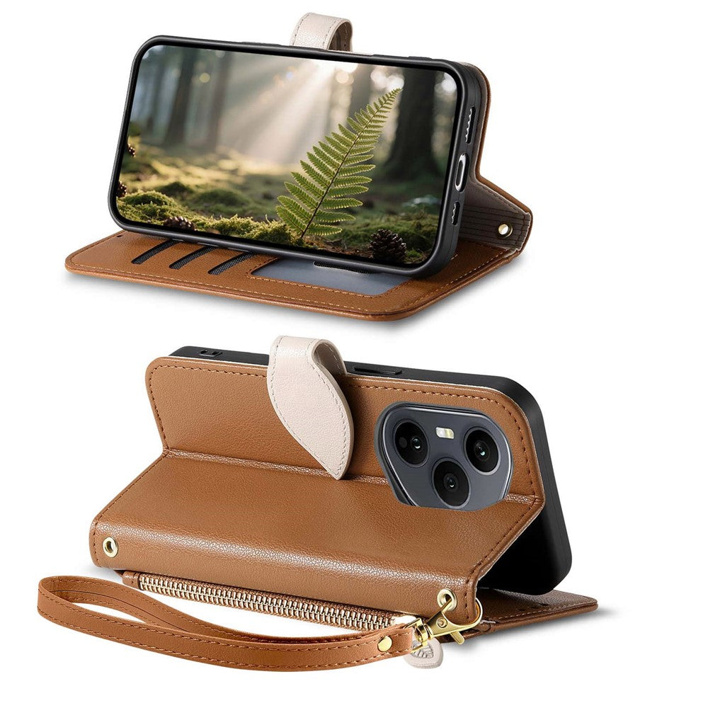 For Honor 400 Pro 5G (Global) Stand Case Leaf Shape Magnetic Clasp Leather Phone Cover with Hand Strap