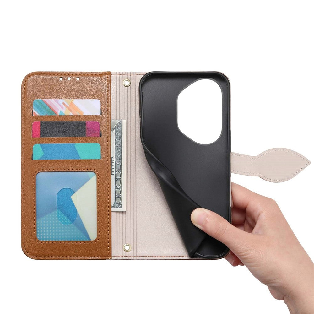 For Honor 400 Pro 5G (Global) Stand Case Leaf Shape Magnetic Clasp Leather Phone Cover with Hand Strap