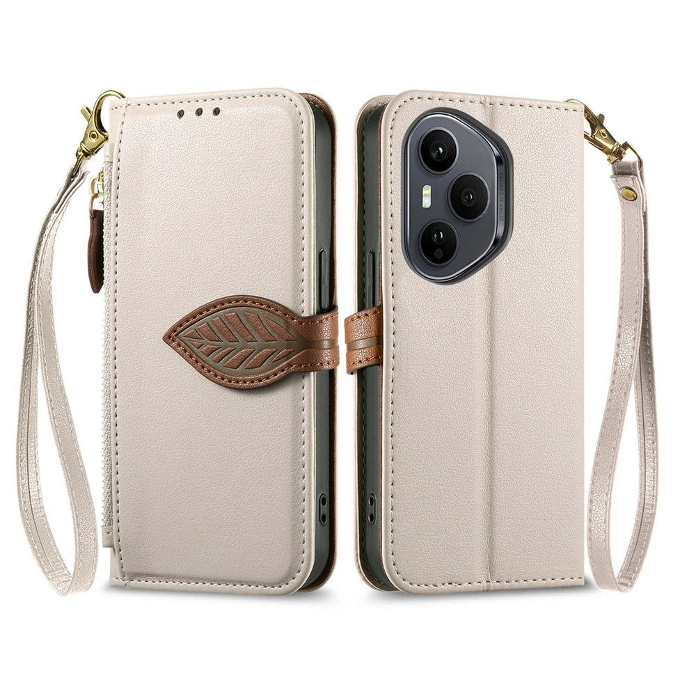For Honor 400 Pro 5G (Global) Stand Case Leaf Shape Magnetic Clasp Leather Phone Cover with Hand Strap