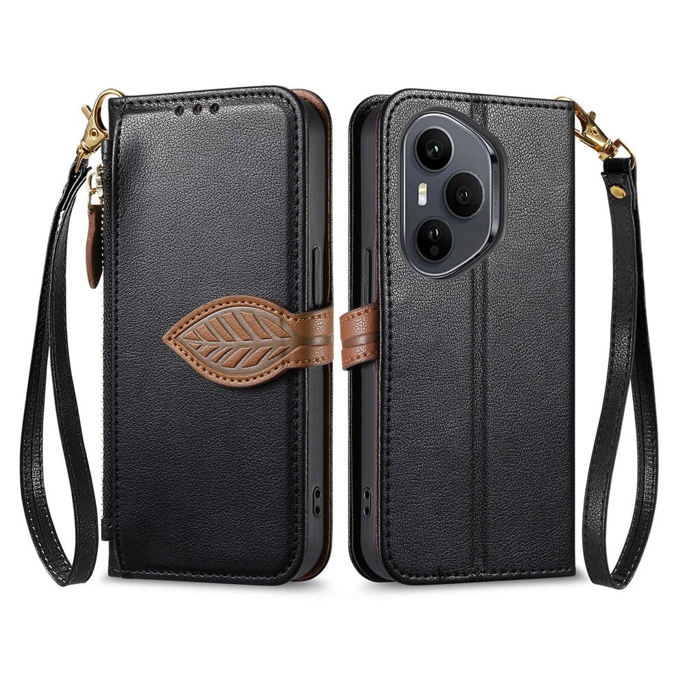 For Honor 400 Pro 5G (Global) Stand Case Leaf Shape Magnetic Clasp Leather Phone Cover with Hand Strap