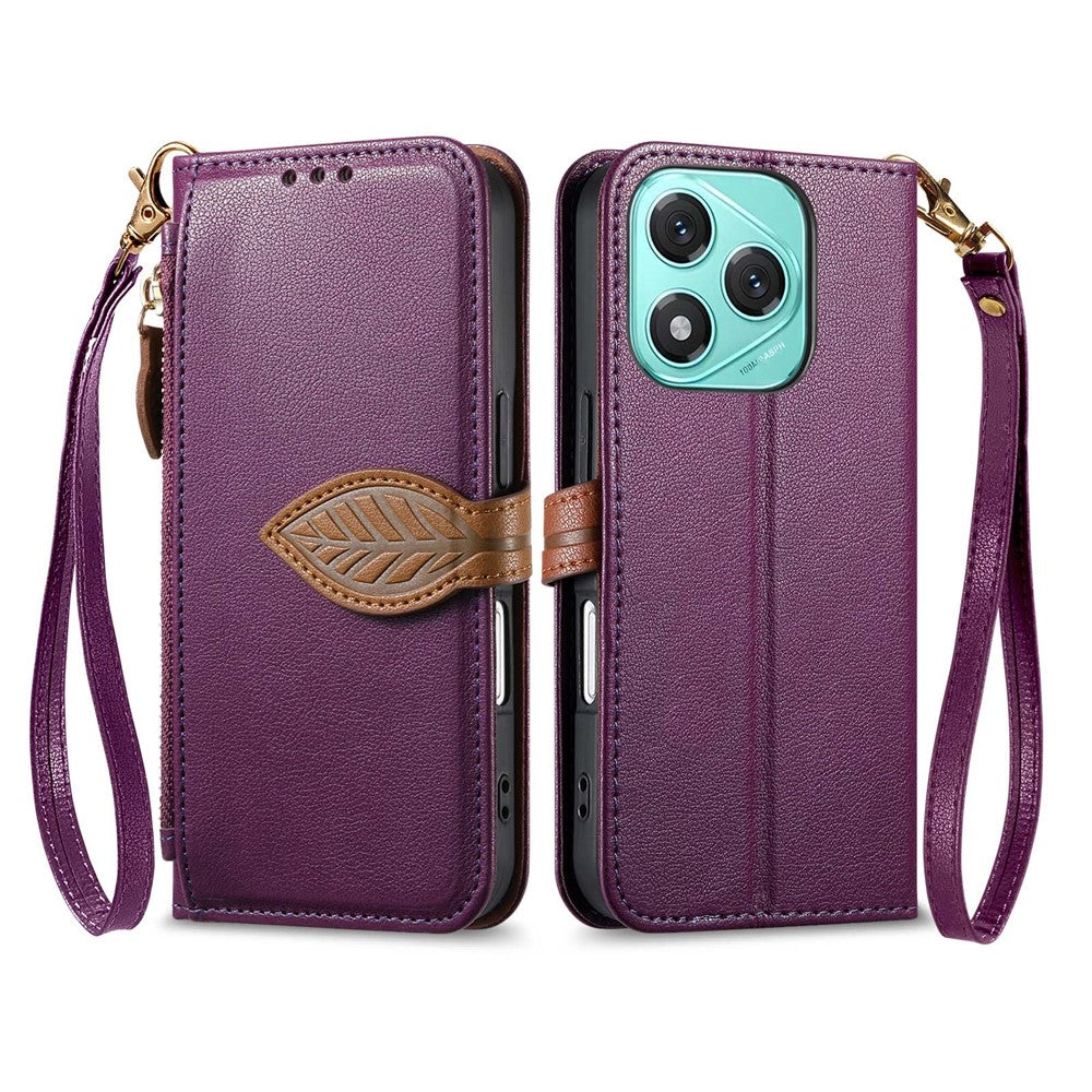 For Honor 400 Lite 5G Stand Case Leaf Shape Magnetic Clasp Leather Phone Cover with Hand Strap