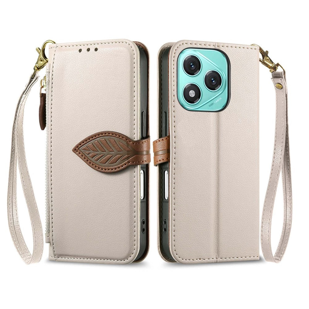 For Honor 400 Lite 5G Stand Case Leaf Shape Magnetic Clasp Leather Phone Cover with Hand Strap