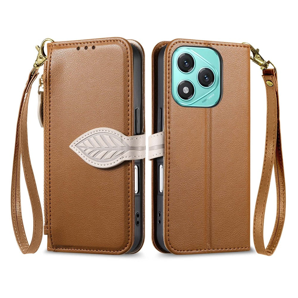 For Honor 400 Lite 5G Stand Case Leaf Shape Magnetic Clasp Leather Phone Cover with Hand Strap