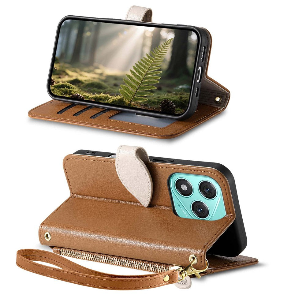 For Honor 400 Lite 5G Stand Case Leaf Shape Magnetic Clasp Leather Phone Cover with Hand Strap