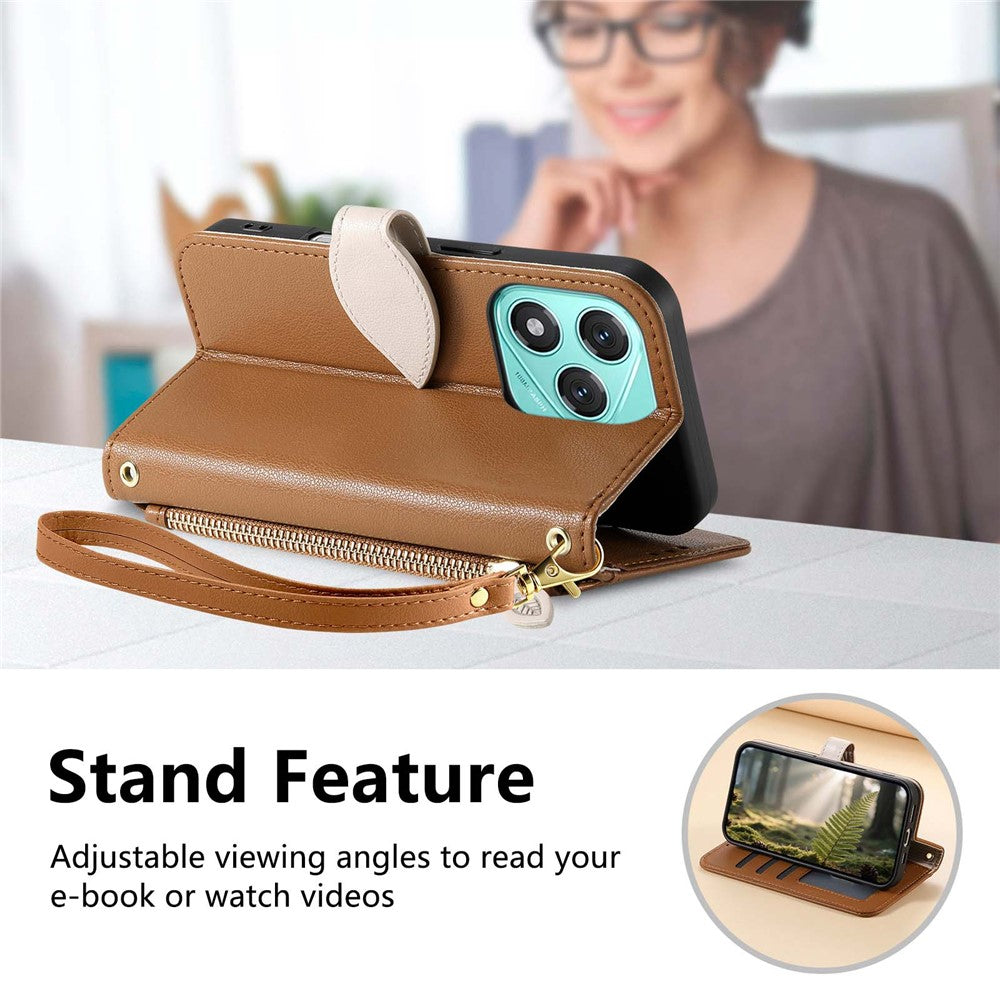 For Honor 400 Lite 5G Stand Case Leaf Shape Magnetic Clasp Leather Phone Cover with Hand Strap