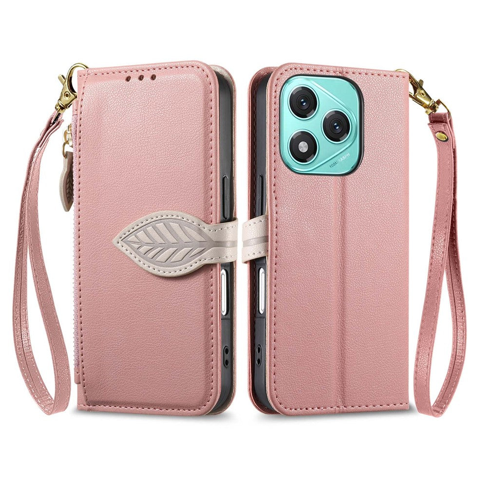 For Honor 400 Lite 5G Stand Case Leaf Shape Magnetic Clasp Leather Phone Cover with Hand Strap