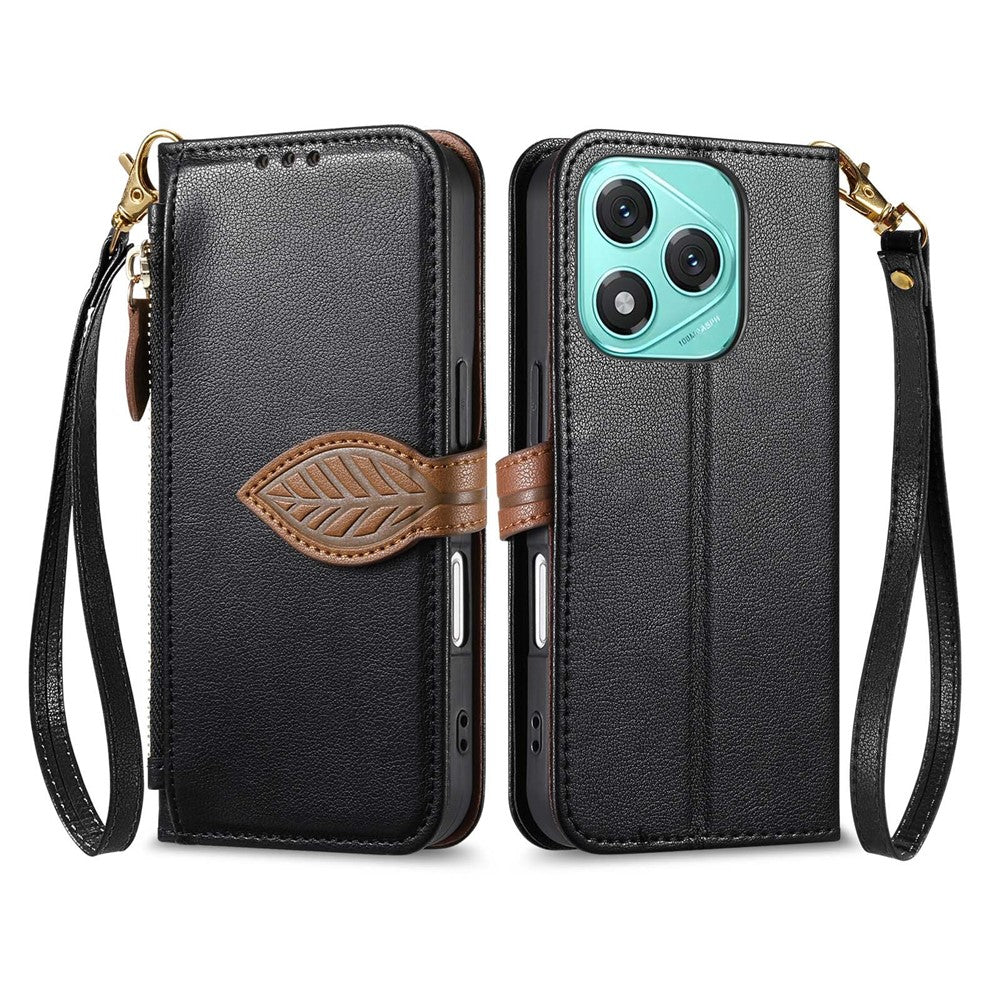 For Honor 400 Lite 5G Stand Case Leaf Shape Magnetic Clasp Leather Phone Cover with Hand Strap