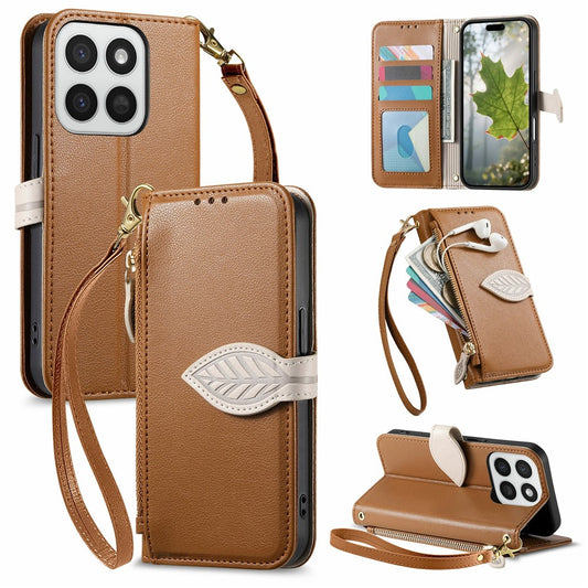 Stand Case for Honor 400 Smart 5G  /  400 Smart 4G  /  X7d 4G  /  X7d 5G Leaf Shape Magnetic Clasp Leather Phone Cover with Hand Strap