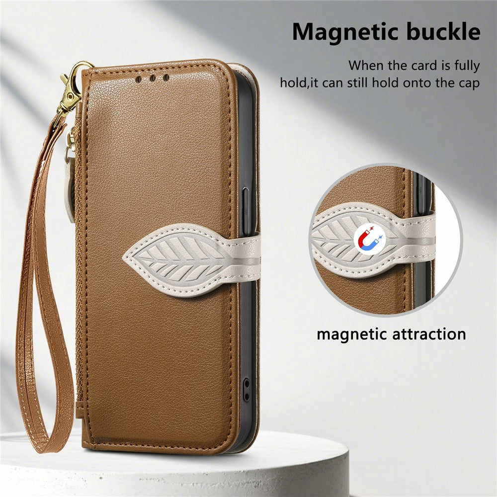 Stand Case for Honor 400 Smart 5G  /  400 Smart 4G  /  X7d 4G  /  X7d 5G Leaf Shape Magnetic Clasp Leather Phone Cover with Hand Strap