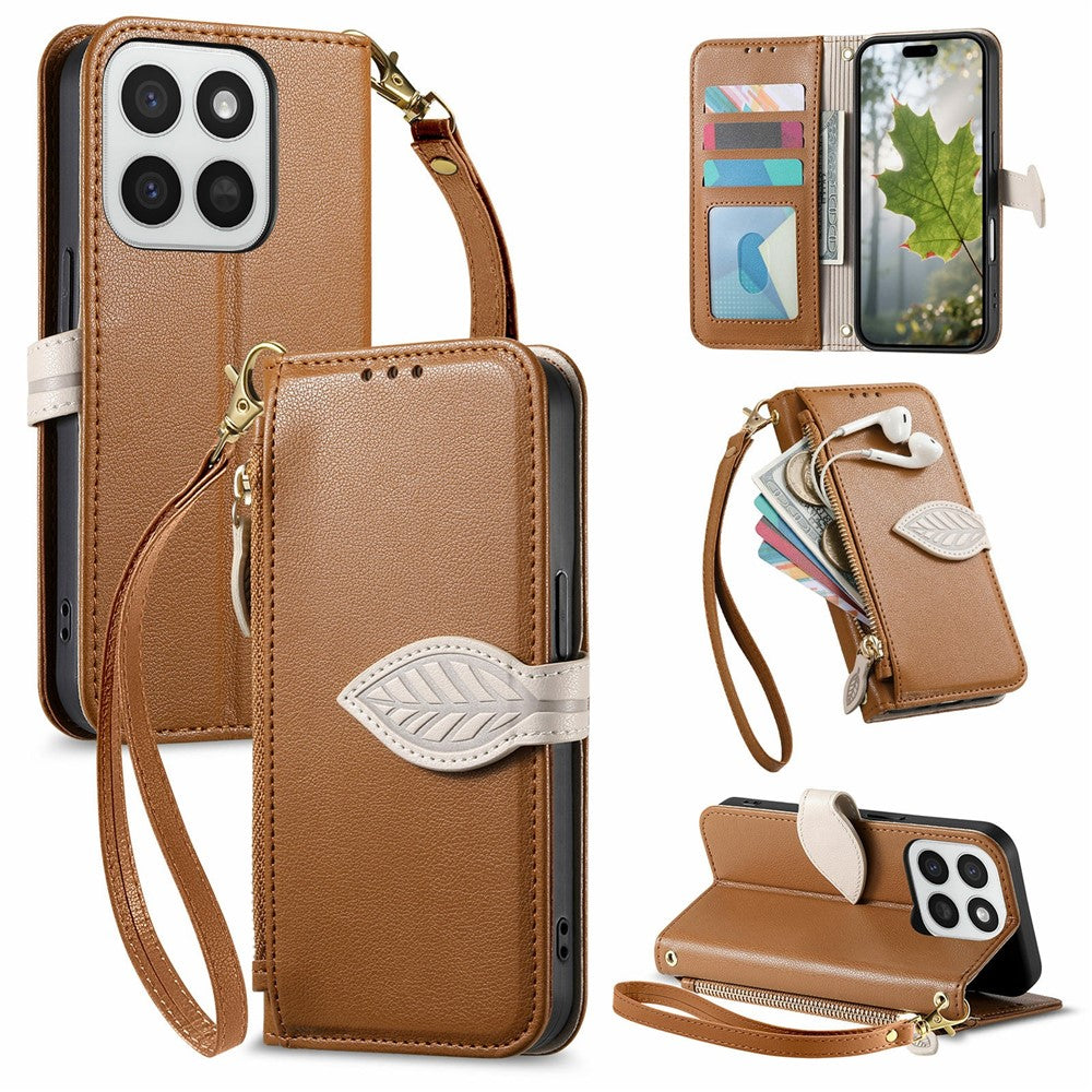 Stand Case for Honor 400 Smart 5G  /  400 Smart 4G  /  X7d 4G  /  X7d 5G Leaf Shape Magnetic Clasp Leather Phone Cover with Hand Strap