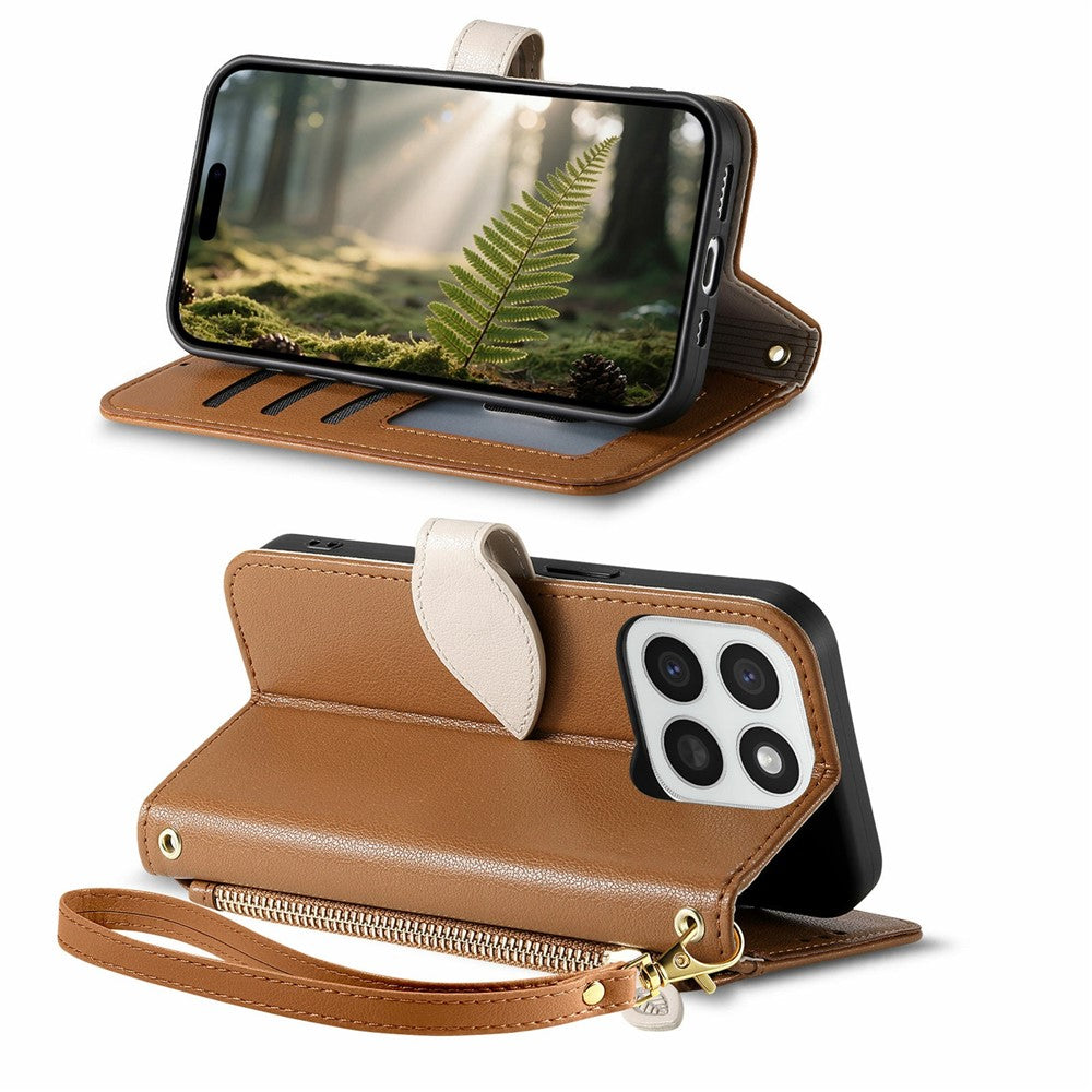 Stand Case for Honor 400 Smart 5G  /  400 Smart 4G  /  X7d 4G  /  X7d 5G Leaf Shape Magnetic Clasp Leather Phone Cover with Hand Strap