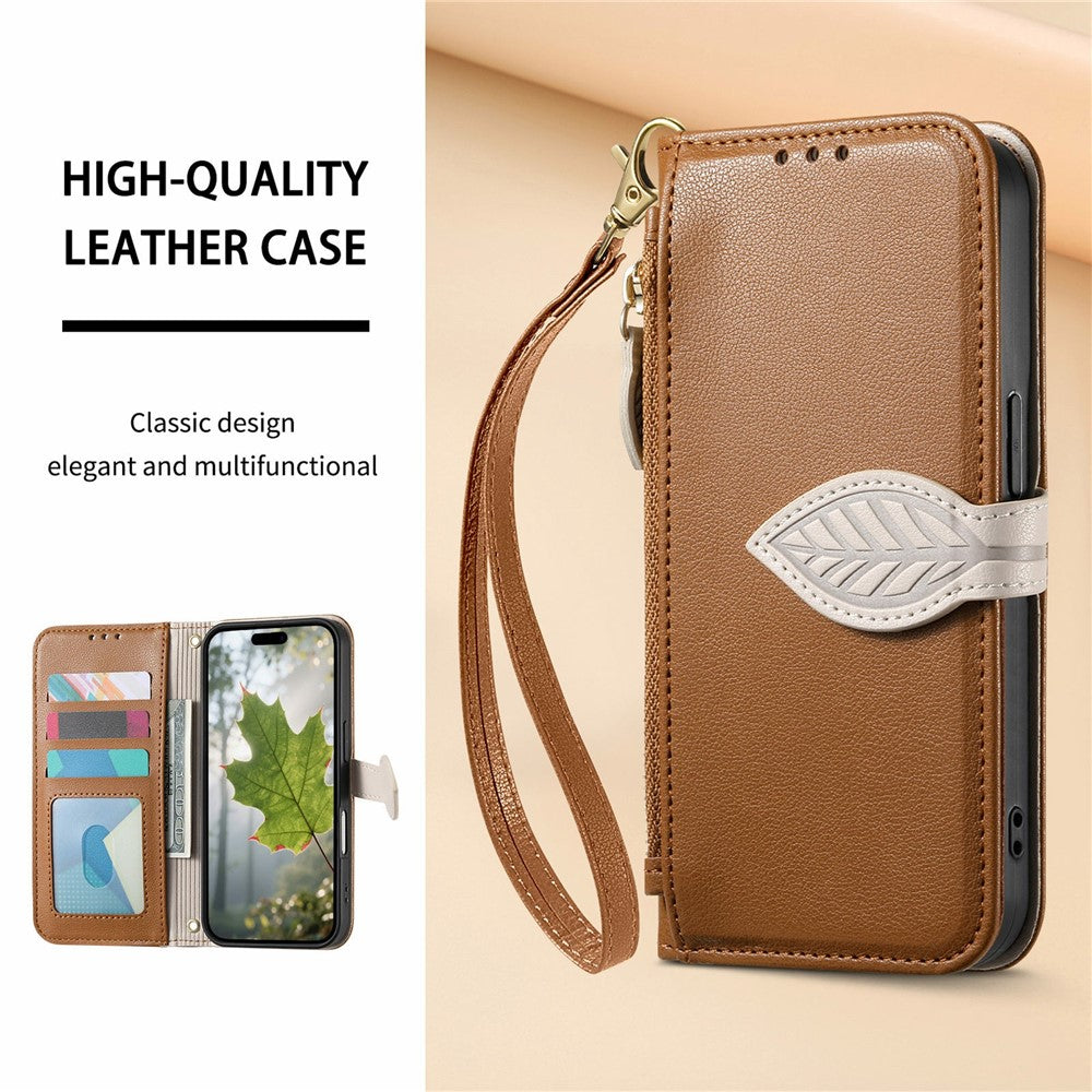 Stand Case for Honor 400 Smart 5G  /  400 Smart 4G  /  X7d 4G  /  X7d 5G Leaf Shape Magnetic Clasp Leather Phone Cover with Hand Strap