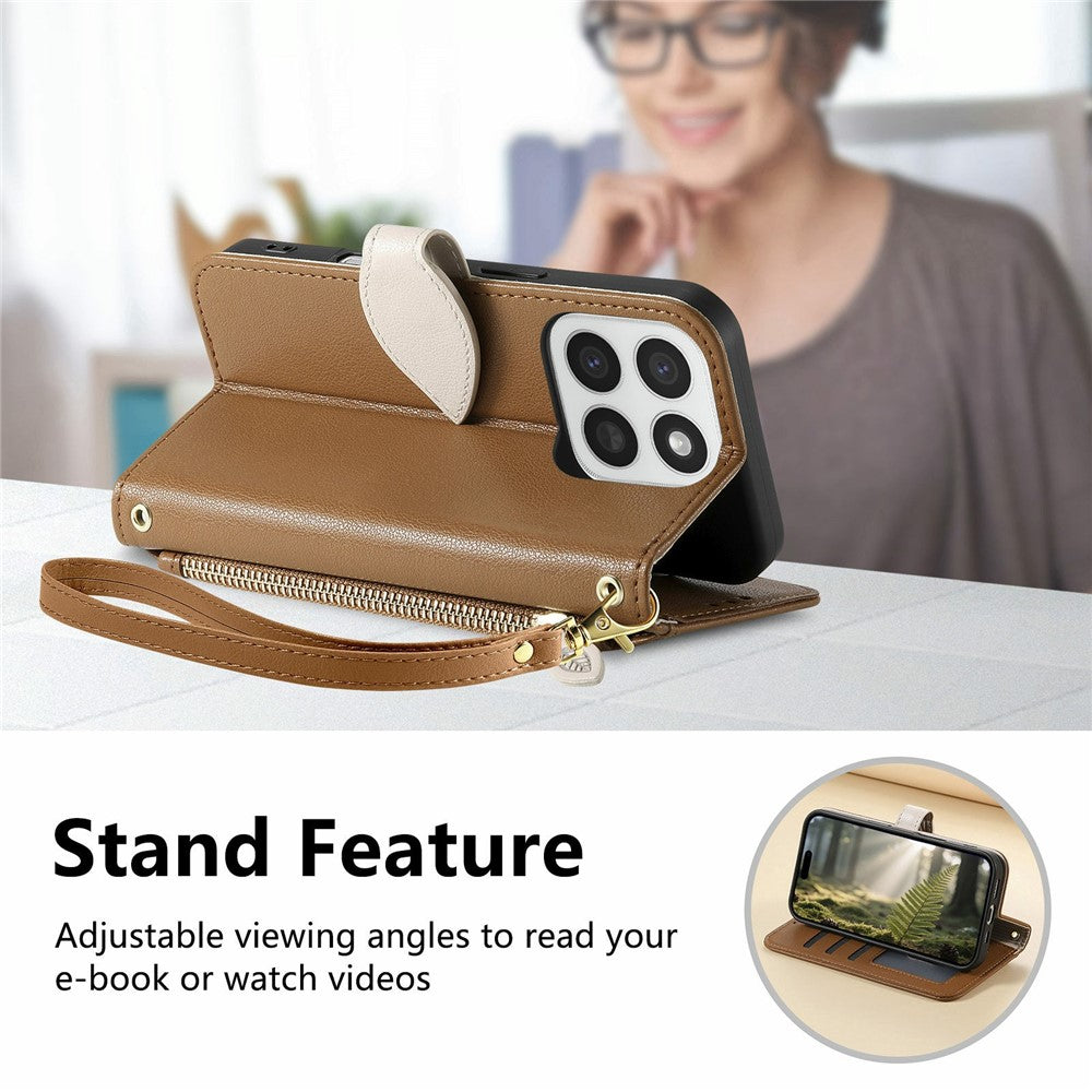 Stand Case for Honor 400 Smart 5G  /  400 Smart 4G  /  X7d 4G  /  X7d 5G Leaf Shape Magnetic Clasp Leather Phone Cover with Hand Strap