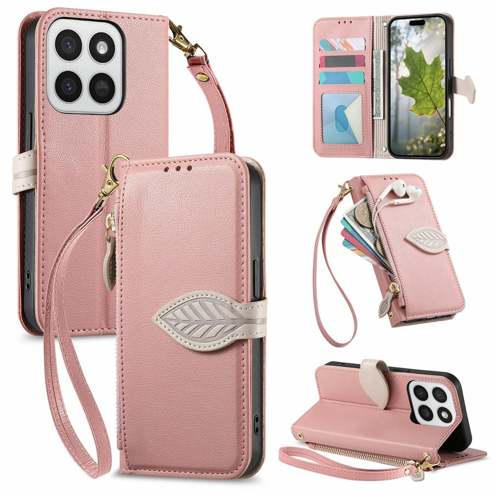 Stand Case for Honor 400 Smart 5G  /  400 Smart 4G  /  X7d 4G  /  X7d 5G Leaf Shape Magnetic Clasp Leather Phone Cover with Hand Strap
