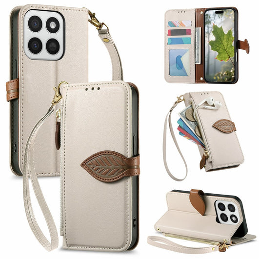 Stand Case for Honor 400 Smart 5G  /  400 Smart 4G  /  X7d 4G  /  X7d 5G Leaf Shape Magnetic Clasp Leather Phone Cover with Hand Strap