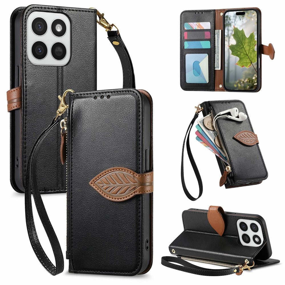 Stand Case for Honor 400 Smart 5G  /  400 Smart 4G  /  X7d 4G  /  X7d 5G Leaf Shape Magnetic Clasp Leather Phone Cover with Hand Strap