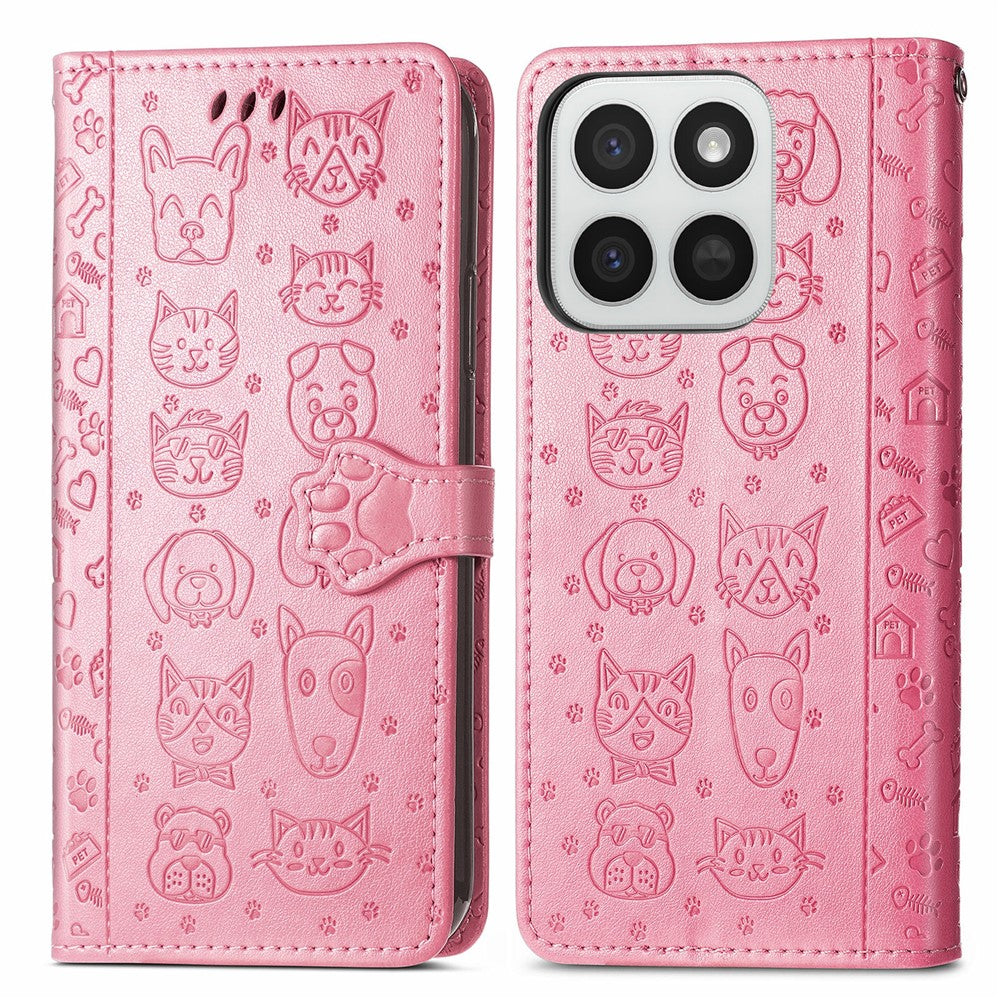 Honor 400 Smart 5G  /  400 Smart 4G  /  X7d 4G  /  X7d 5G Wallet-Handyhülle – Aus Leder, mit niedlichem Katzen- & Hundemuster