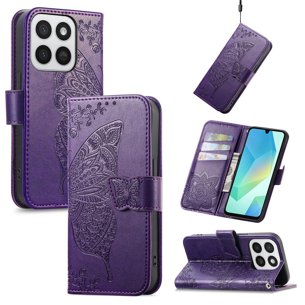 Phone Case for Honor 400 Smart 5G  /  400 Smart 4G  /  X7d 4G  /  X7d 5G with Strap Butterfly Pattern PU Leather Wallet Phone Cover