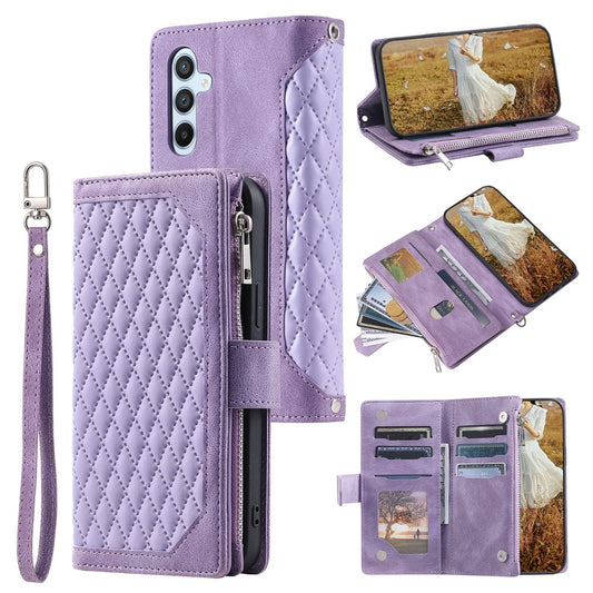 For Samsung Galaxy A27 5G Wallet Case Rhombus Stitching Line PU Leather Phone Cover with Wrist Strap