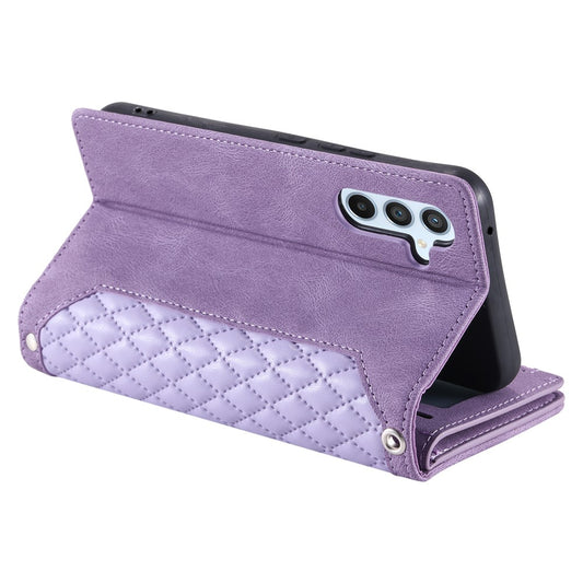 For Samsung Galaxy A27 5G Wallet Case Rhombus Stitching Line PU Leather Phone Cover with Wrist Strap