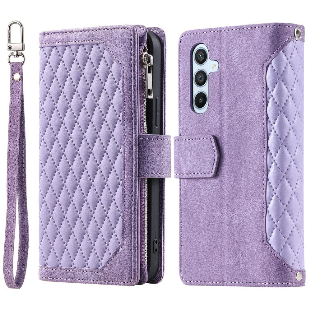 For Samsung Galaxy A27 5G Wallet Case Rhombus Stitching Line PU Leather Phone Cover with Wrist Strap