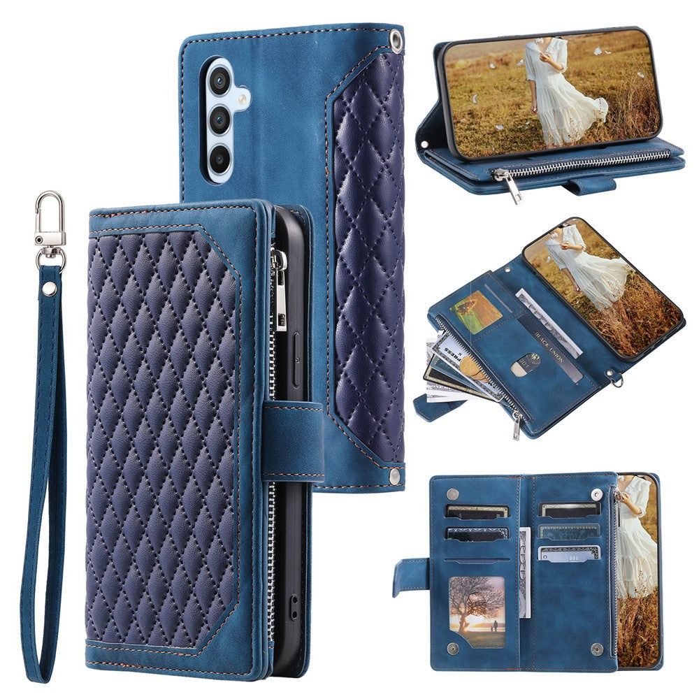 For Samsung Galaxy A27 5G Wallet Case Rhombus Stitching Line PU Leather Phone Cover with Wrist Strap