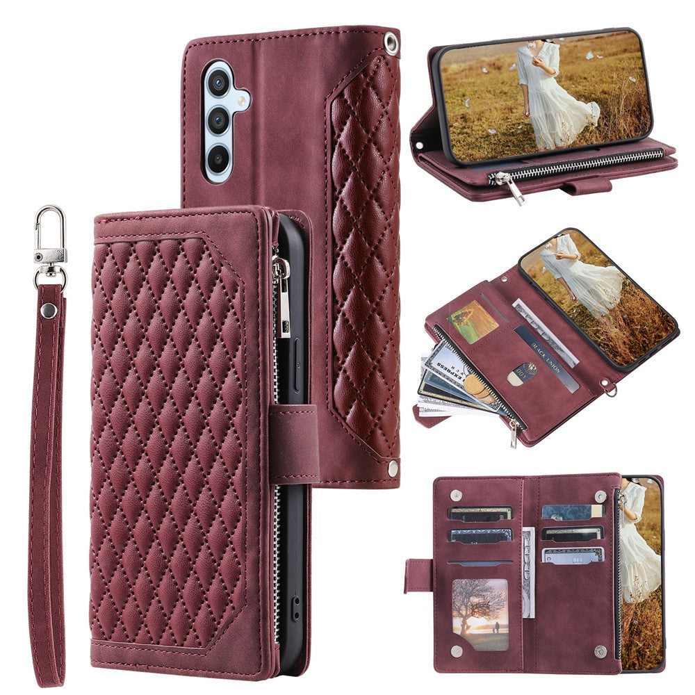For Samsung Galaxy A27 5G Wallet Case Rhombus Stitching Line PU Leather Phone Cover with Wrist Strap